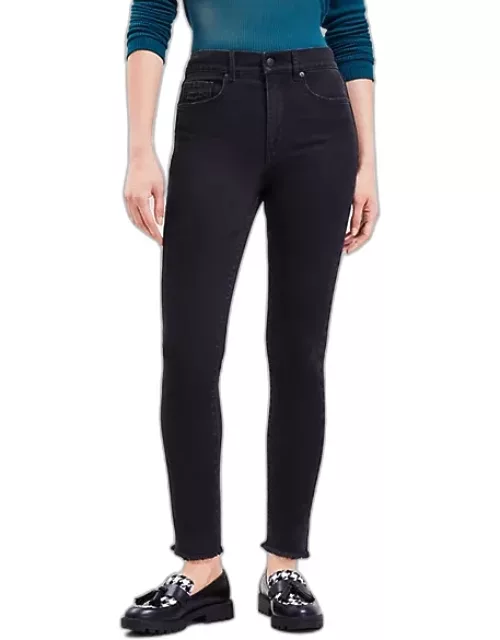 Loft Petite Curvy Frayed High Rise Skinny Jeans in Washed Black Wash