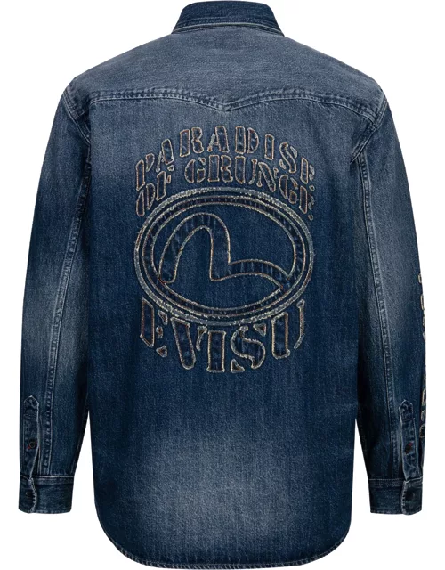 Grunge Style Logo and Seagull Appliqué Relax Fit Denim Shirt