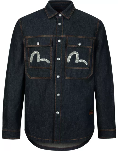 Cloud-pattern Seagull Embroidery Regular Fit Denim Work Shirt