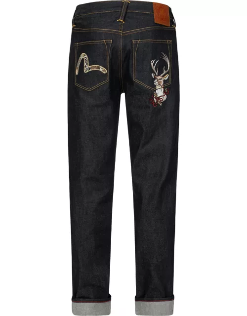 Deer and Seagull Embroidery Slim Fit Selvedge Denim Jeans #2010