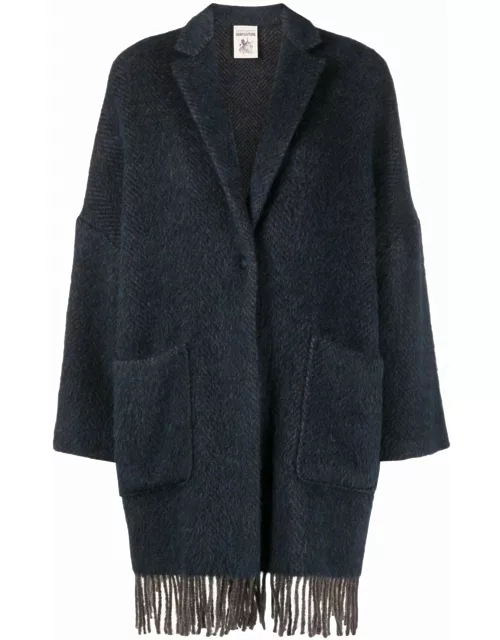 SEMICOUTURE Navy Blue Virgin Wool Blend Knitted Coat