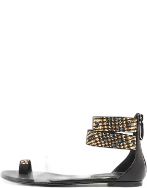 Casadei Black/Gold Crystals and PVC Ankle Cuff Flat Sandal