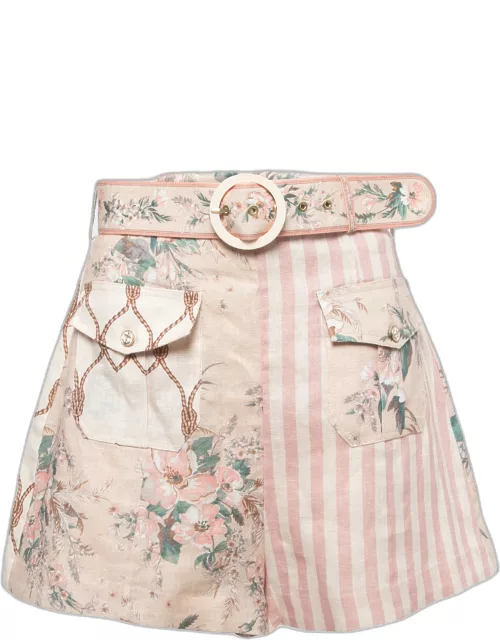 Zimmermann Light Pink Mixed Print Linen Belted Shorts
