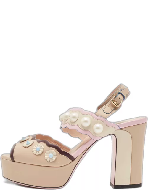 Fendi Pink/Beige Leather Pearl Studded Accents Sandal