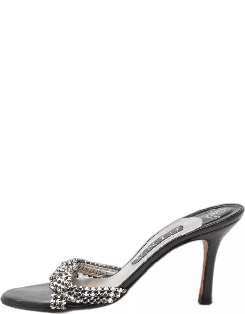 Gina Silver/Black Crystal Embellished Leather Slide Sandal