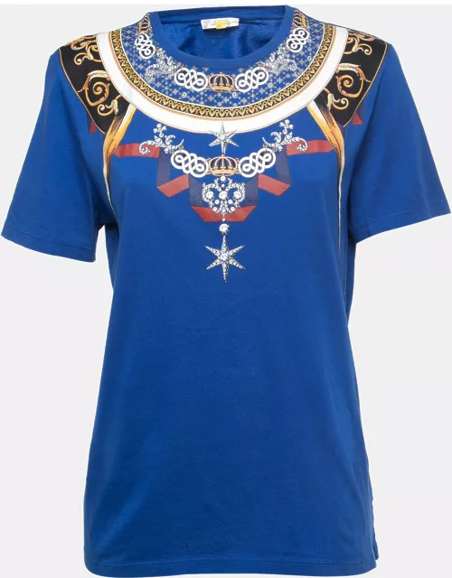 Versace Collection Blue Printed Cotton Knit Crewneck T-Shirt