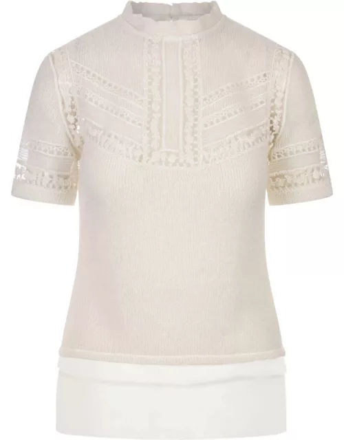 Ermanno Scervino White Knitted T-shirt With Geometric Lace
