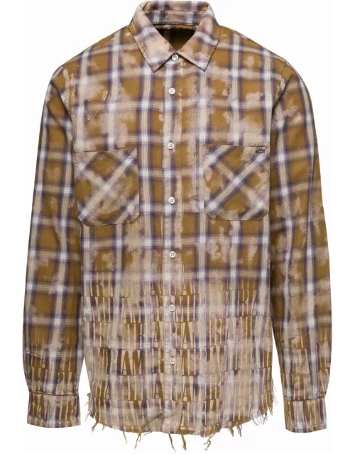 AMIRI Beige Long-sleeved Shirt With Check Print And Bleach Effect In Cotton Man
