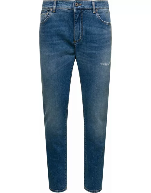 Dolce & Gabbana Light Blue Five-pockets Slim Jeans With Logo Plaque In Stretch Cotton Denim Man