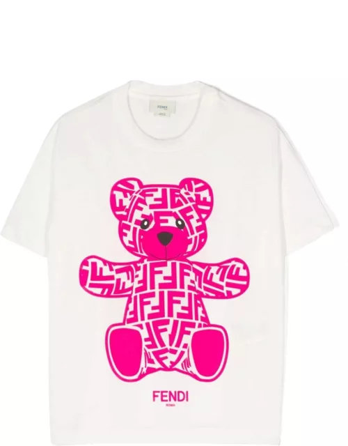 Fendi T-shirt Teddy Bear Bianca In Jersey Di Cotone Bambina