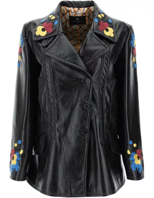 Etro Jacket In Patent Faux Leather With Floral Embroiderie