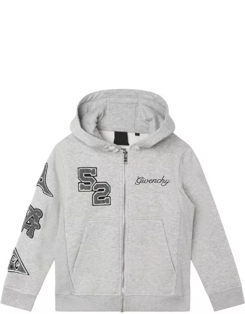 Grey hoodie with decorative patche