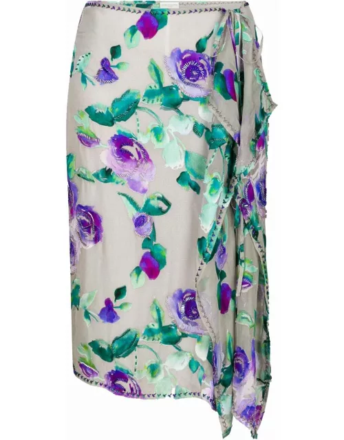 Satin midi skirt with ink floral print