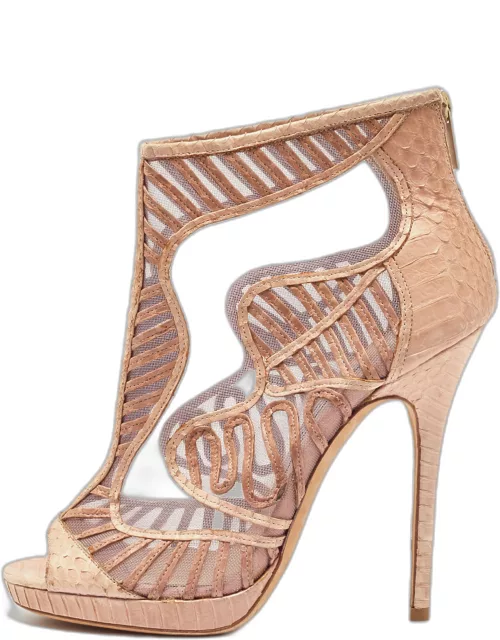 Jimmy Choo Beige Python and Mesh Open Toe Platform Ankle Bootie