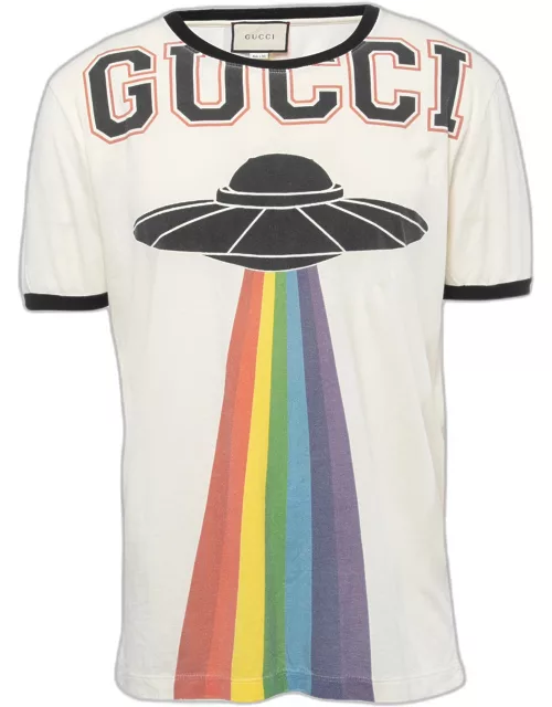 Gucci Cream Ufo Rainbow Print Cotton Distressed Crew Neck Half Sleeve T-Shirt