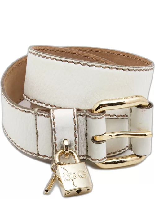 Dolce & Gabbana White Leather Padlock Charm Buckle Belt 85C