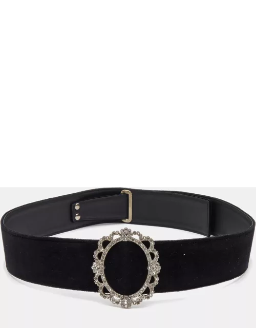 Chanel Black Velvet and Leather Crystals Round Buckle Waist Belt 90C