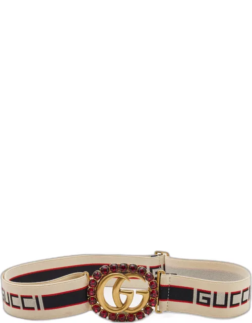 Gucci Red/Off White Logo Elastic Band Double G Crystals Belt 95C