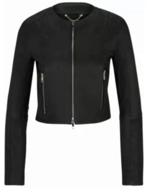 Collarless slim-fit jacket in rich leather- Black Women's Leather Jacket
