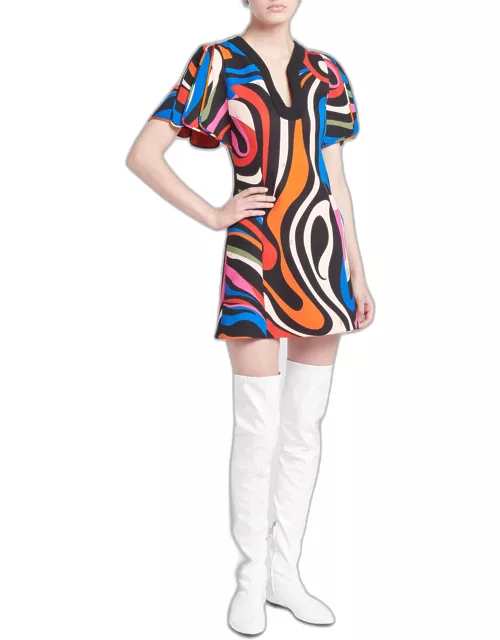 Abstract-Print Puff-Sleeve Mini Dres