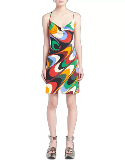 Abstract-Print Cowl-Neck Open-Back Mini Dres