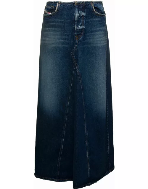 Diesel Maxi Blue Skirt With Logo Patch In Cotton Denim Woman