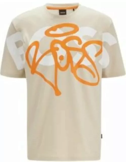 Relaxed-fit cotton T-shirt with logo-graffiti artwork- Light Beige Men's T-Shirt