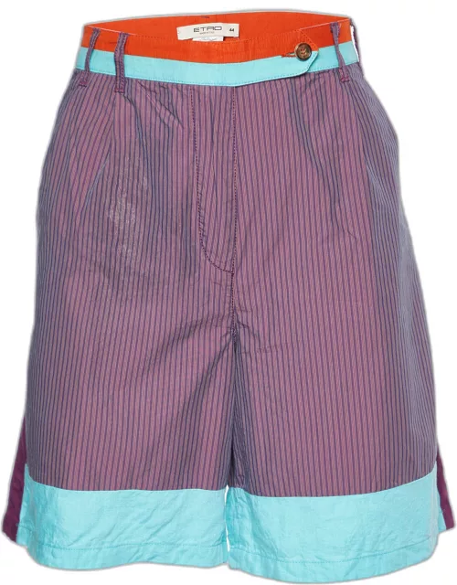 Etro Purple Striped Cotton & Linen Contrast Detail Shorts