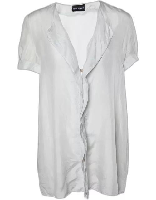 Emporio Armani Silver Grey Silk Ruffled Button Shirt
