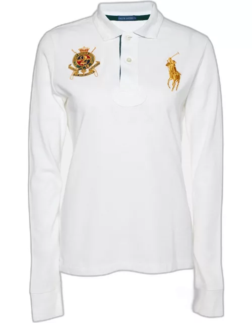 Ralph Lauren White Embroidered Cotton Knit Long Sleeve Polo T-Shirt