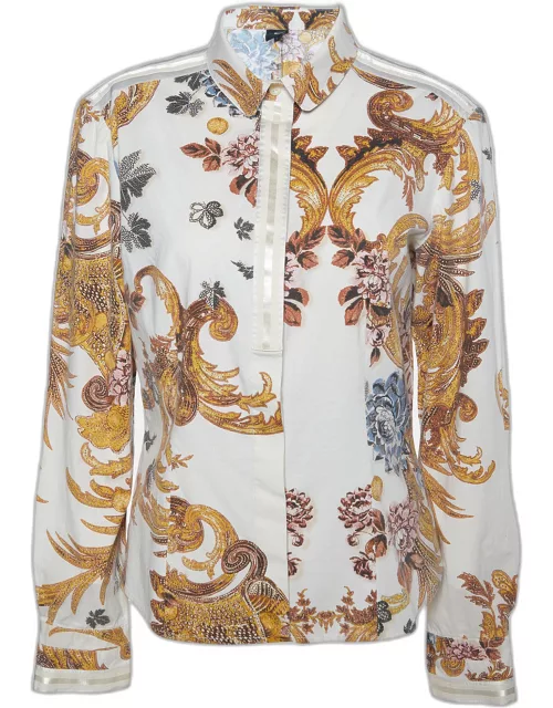 Just Cavalli Cream Floral Printed Cotton Button Front Shirt