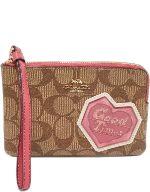 Coach Beige/Old Rose Signature Coated Canvas and Leather Disco Patch Wristlet Pouch