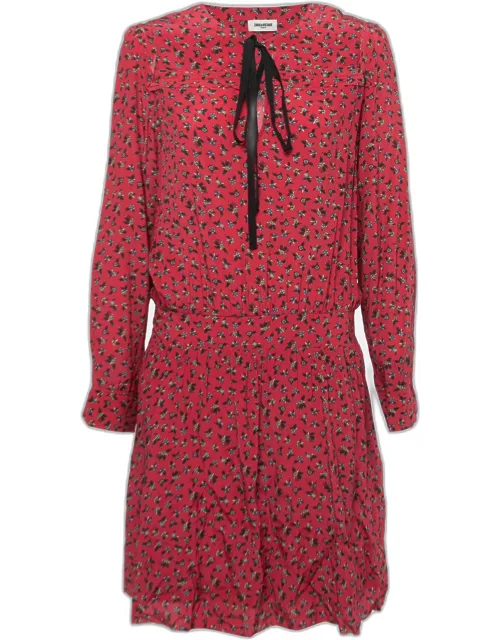 Zadig and Voltaire Red Floral Printed Crepe Tie Front Midi Dress
