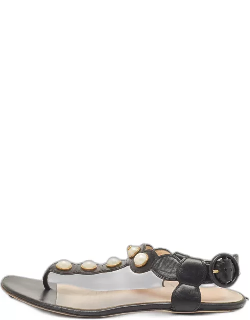 Gucci Black Leather Faux Pearl Willow Flat Sandal