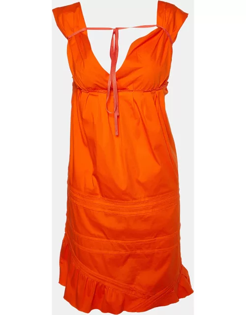 Miu Miu Orange Cotton Paneled Tie Detail Mini Dress