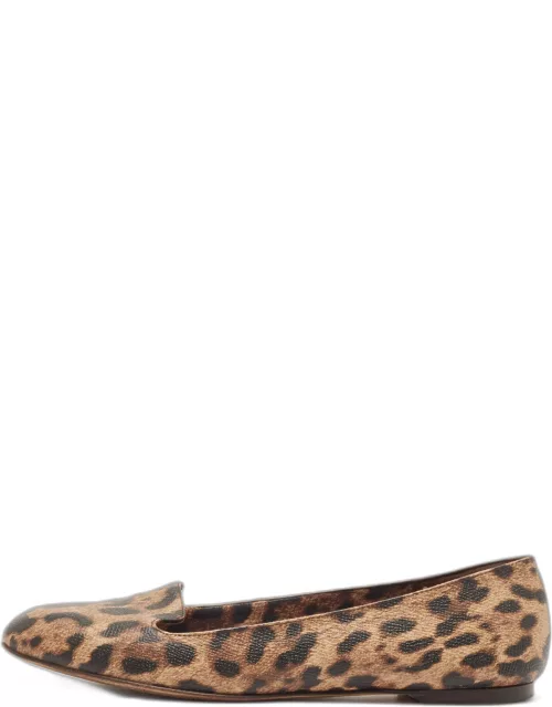 Dolce & Gabbana Beige/Brown Coated Canvas Leopard Printed Smoking Slipper