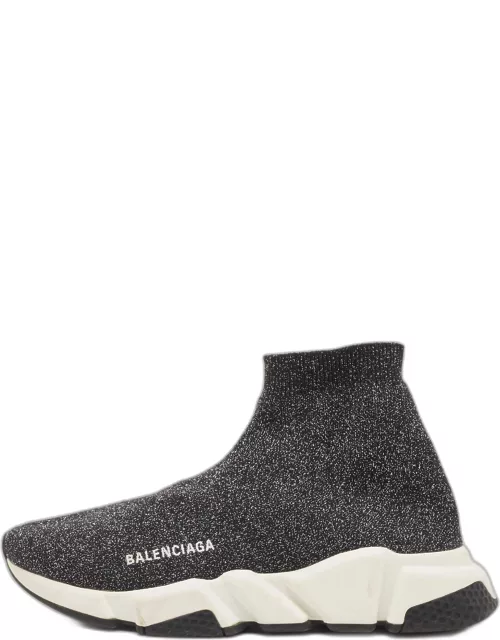 Balenciaga Silver/Black Knit Fabric Speed Trainer High Top Sneaker