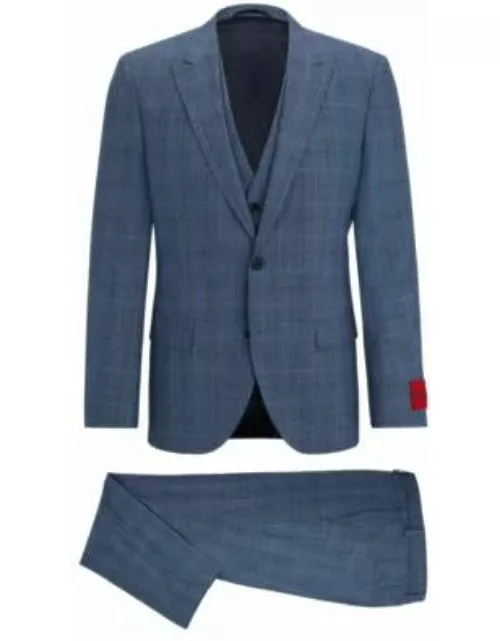 Three-piece slim-fit suit in checked stretch fabric- Blue Men's Business Suit