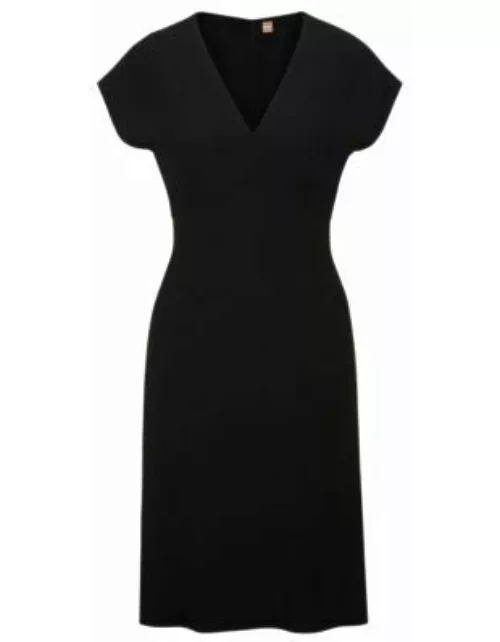 Slim-fit V-neck dress with cap sleeves- Black Women's Business Dresse