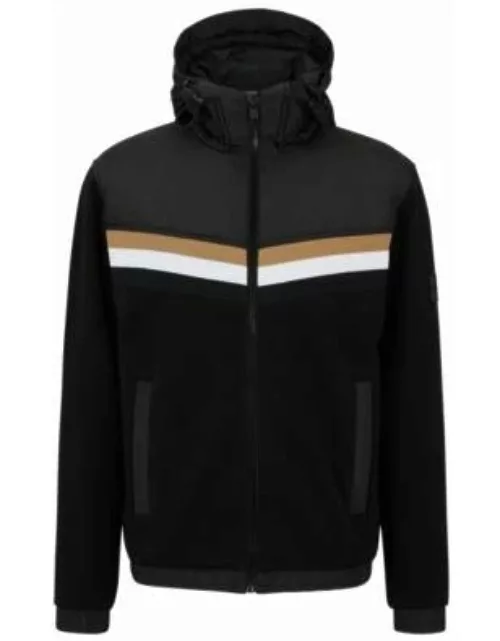 Mixed-material zip-up hoodie with signature-stripe detail- Black Men's Clothing
