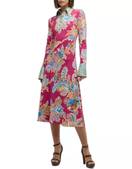 Floral Paisley Bouquet-Print Long-Sleeve Jersey Midi Shirtdres