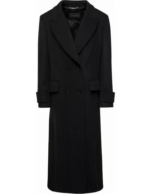 Alberta Ferretti Long Black Double-breasted Coat With Tonal Buttons In Wool And Cashmere Woman