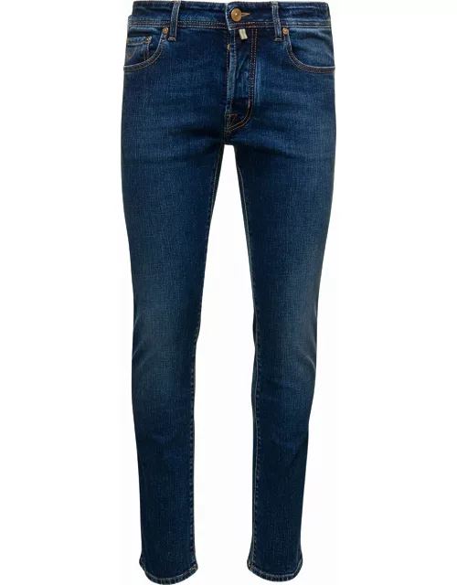 Jacob Cohen Blue Slim Five Pockets Jeans With Logo Patch In Stretch Cotton Denim Man
