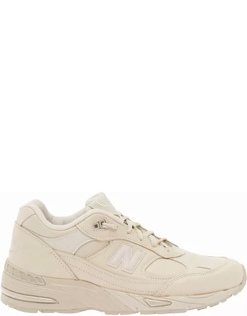 New Balance 991 Beige Panelled Sneakers With Logo Patch In Leather And Fabric Man