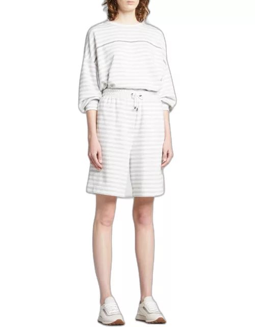 Striped Cotton-Linen Drawstring Shorts w/ Monili Pocket