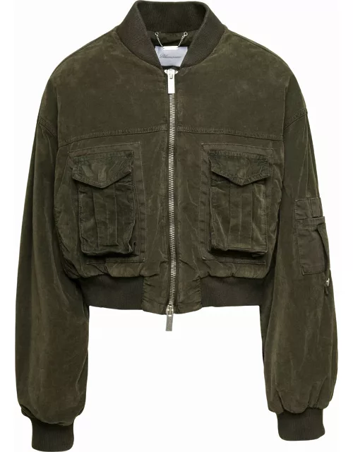 Blumarine Green Cropped Bomber Jacket With Patch Pockets In Cotton Denim Woman