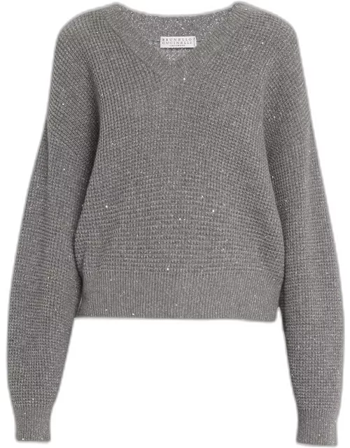 Cashmere Waffle Knit Sweater with Micro Paillette
