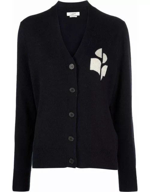 Blue cardigan with logo and button