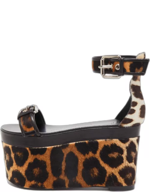 Giuseppe Zanotti Brown Leather and Calf Hair Leopard Ankle Strap Platform Sandal