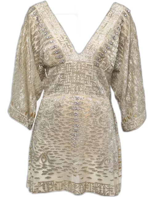 Roberto Cavalli Gold Embellished Silk Mini Dress
